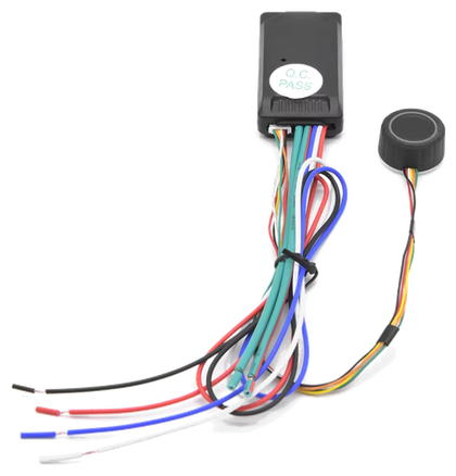 Sistema de seguridad análogo: controlador con múltiples cables y sensor de huella visible